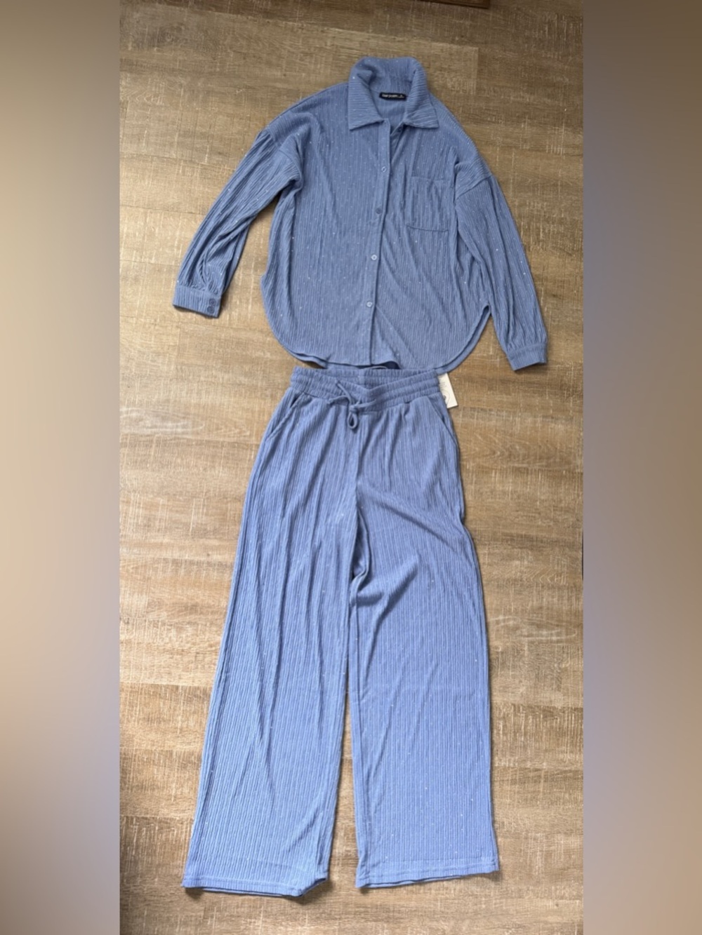 Light Blue/Lavender Ribbed Wide-Leg Lounge Set